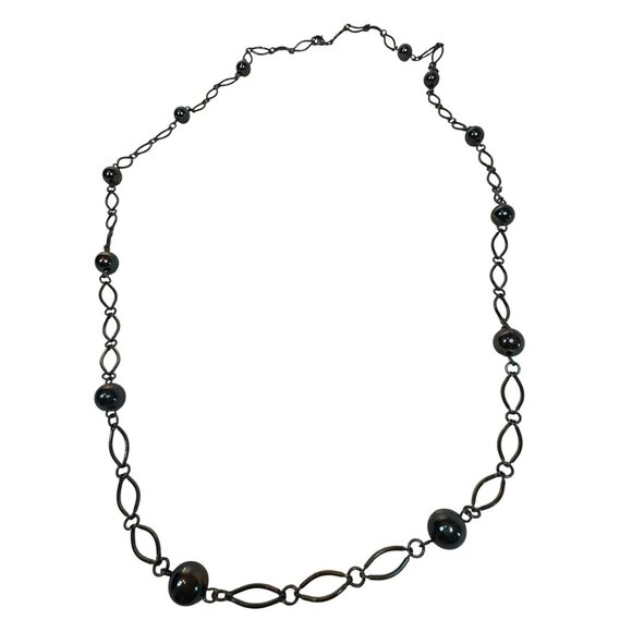 Black Beaded Chain Necklace With Oval Links & Lobster Clasp Closure Gunmetal - Picture 1 of 3